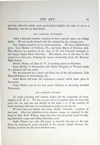 Chapter Letters: Mu - Butler University, December 1887 (image)